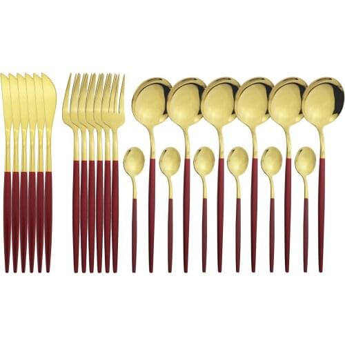 Red Gold Cutlery Set 24Pcs Knives Fork Tea Spoons Dinnerware Set Stainless Steel Tableware Set Home Party Kitchen Silverware Set