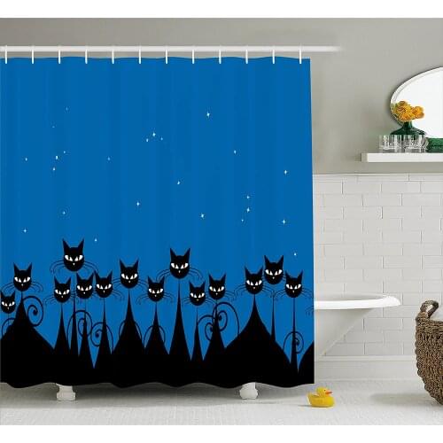 Night Shower Curtain Artistic Graphic Crowd of Stylized Black Cats and Starry Sky on The Backdrop Home Decor Bathroom Curtains