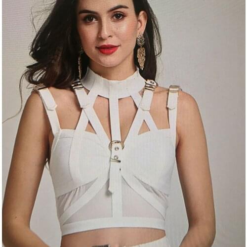 2020 new high quality bandage Top round neck strap fashion party dress top patchwork mesh elegant Top