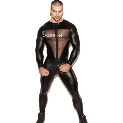 New Sexy nightclub male singer DS black mesh gauze see-through bodysuit WP party costume