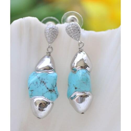 P7160 Handmade 30mm Turquoise Inlay CZ Gilding-Silver Dangle Earring