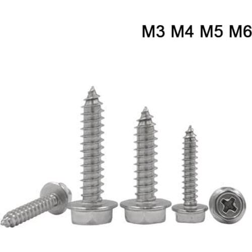 Cross External Hex Flange Self Tapping Screw 20PCS M3 M4 M5 M6 Stainless Steel Phillips Under 50pcs Woodworking High Quality