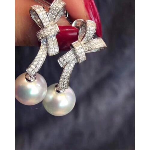 M126 Pearl Earrings Fine Jewelry 925 Sterling Silver Round 10-11mm Nature Fresh Water White Pearls Drop Dangle Earrings Present