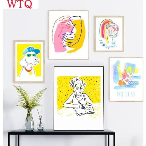 Modern Abstract Line Posters And Prints Cool Dog Girl Canvas Painting Hands Quotes Wall Art Pictures for Livingroom Nordic Decor