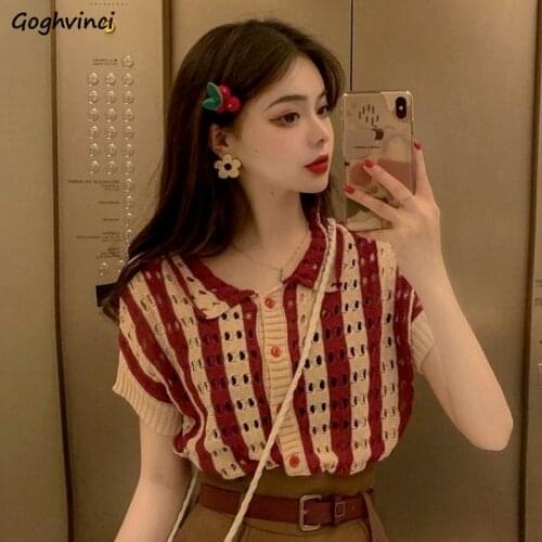 Sweaters Cardigan Women Knitwear Hollow Out Summer Gentle Korean Style Striped Vintage Chic Simple Lady Office All-match Female