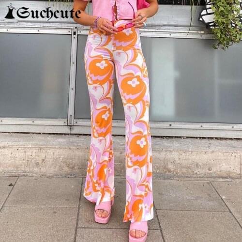 SUCHCUTE Floral Printed High Waist Streetwear Fashion Pants Summer Cute Pink Straight Trousers 2021 Y2K Fashion Outfits Bottoms