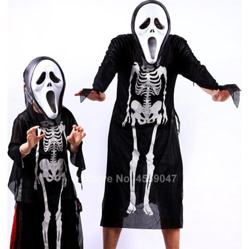 Adult Kids Halloween Scary Skeleton Cosplay Costumes Transparent Gown 3D Skull Print Masquerade Ghost Zombie Men Gown