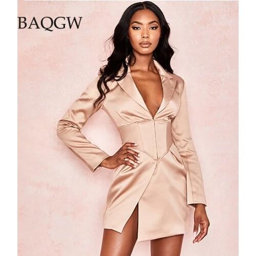 Women Autum Long Blazers Coats and Jacket Female Sexy Deep V Neck Turn-down Collar Long Sleeve Button Coats Party Blazer Dress