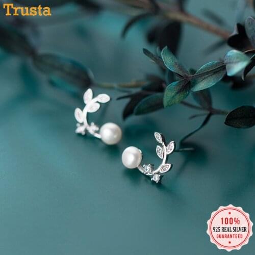 Trustdavis Genuine 925 Sterling Silver Branches CZ Synthetic Pearls Stud Earrings For Women Lady Silver 925 Jewelry Gift DS184