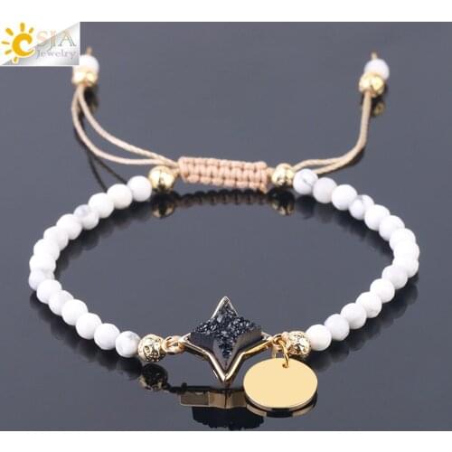 CSJA 4mm Small Beads Bracelet White Howlite Braided Bracelets Natural Druzy Quartz Weave Rope String Chic Bangles for Women F744