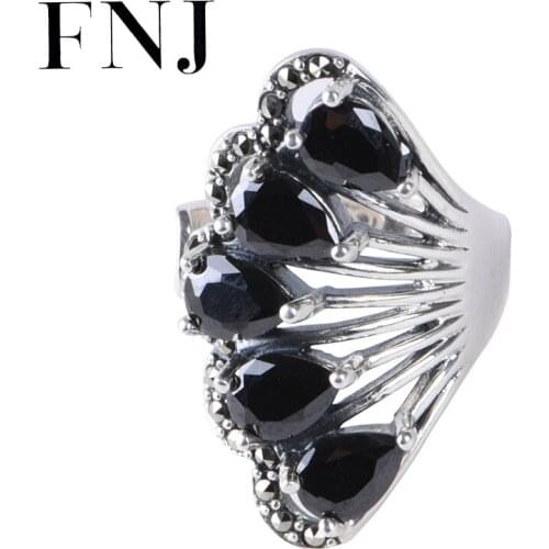 FNJ Fan Ring 925 Silver New Original S925 Sterling Silver Rings for Women Jewelry Adjustable size MARCASITE Black Zircon