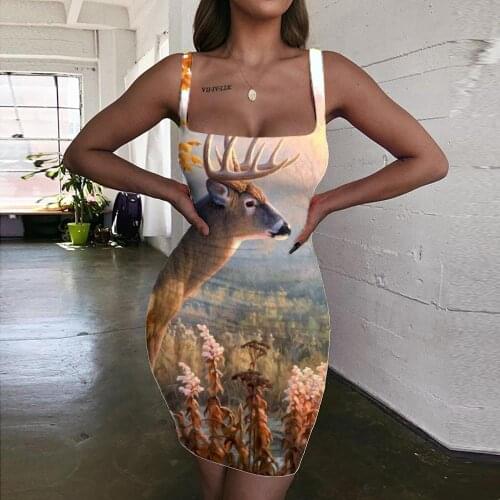KYKU Deer Dresses Women Animal 3d Print Forest Halter Sleeveless Tree Sundress Womens Clothing Party New Beach Fashion