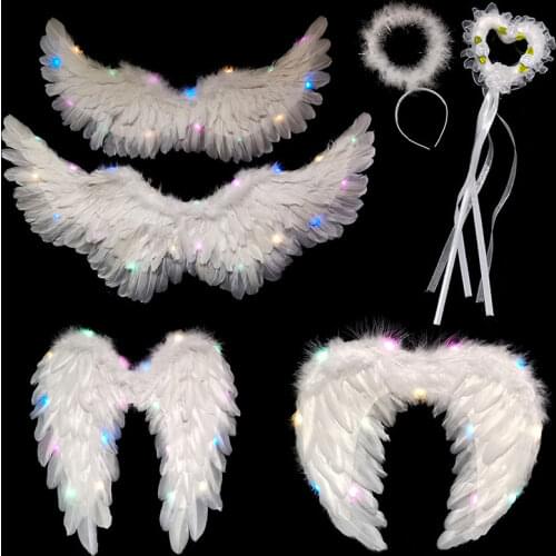 1pc LED Lights White Angel Feather Wings Halloween Decoration Women Child Girls Cosplay Props Dance Show Halloween Birthday Gift