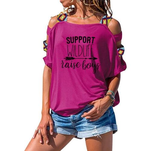 2019 Womens T Shirt Support Wildlife Raise Boys Letters Printed Women Sexy Hollow Out Shoulder Tee