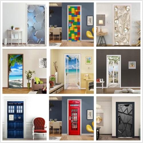 3D PVC Door Wallpaper Self-adhesive DIY Waterproof Sticker porte Home Design Door Decoration Poster Wall Mural Decal deursticker