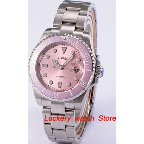 Bliger 40mm Pink dial Luminous saphire glass;Pink Ceramic Bezel SUB Automatic movement mens watch-BA31