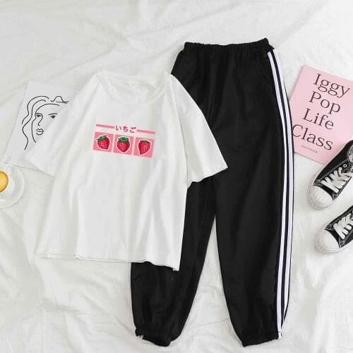 Japanese Style Pants Suit Cute Strawberry Milk Cartoon T Shirt Kawaii Summer Short Sleeve Set Sweatpants Women Set Oversize Tee