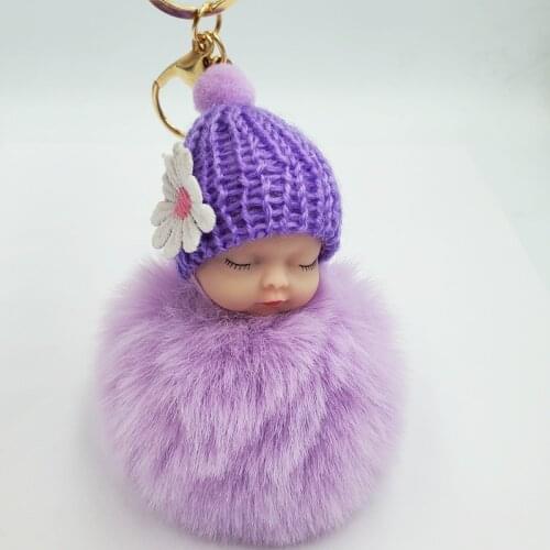 Baby Doll Toy DropshipCute Sleeping Baby Doll Key Chains For Women Bag Toy Key Ring Fluffy Pom pom Faux Fur Plush Keychains