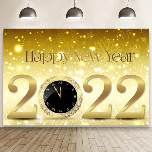 Happy New Year 2022 Photo Background Gold Fireworks Clock Celebration Photography Backdrop Dinner Party Decor Poster