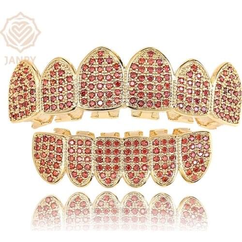 JANRY Men Teeth Grillz Hip Hop Gold Teeth Top Bottom Micro Pave CZ Stone Vampire Teeth Set Cosplay Party Body Jewelry Women Gift