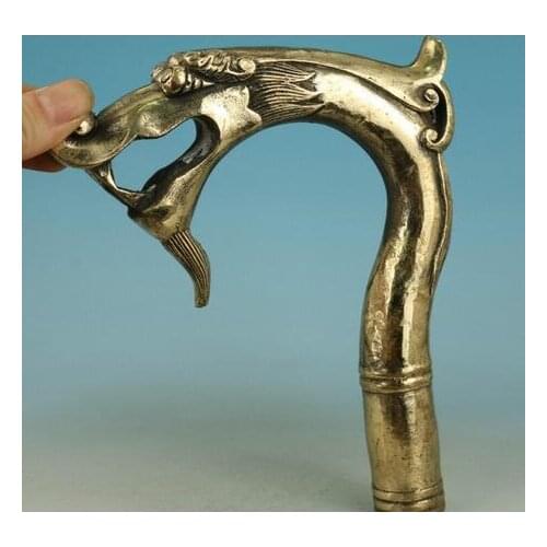 BRASS Pure Copper Old Qing Ming Brass Chinese Old Brass Handmade Carved Dragon Collect Statue Walking Stick Head
