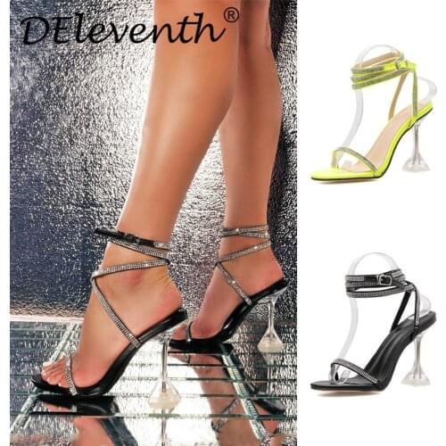 HOT Summer Women Thin High heels Sandals lady Pumps Women Sandals Round Toe Sequined Cloth 9.5CM Buckle Strap Rhinestones