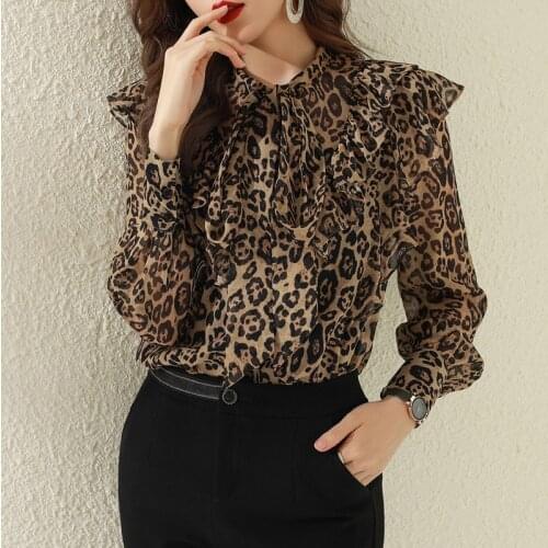 Fashion 100% Silk Shirt Women Leopard Print Woman Blouse Elegant Long Sleeve Top Female Spring Autumn 2021 Blusas Mujer Pph3572