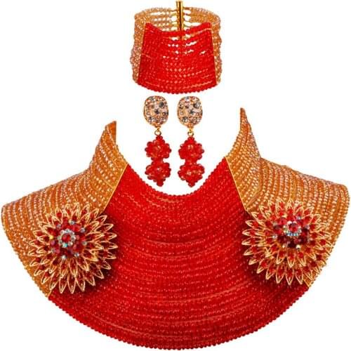 Fashion African Wedding Necklace Beads Jewelry Set 25 Layers 4mm Gold AB Red Crystal Nigerian Jewelry Sets 25LC12
