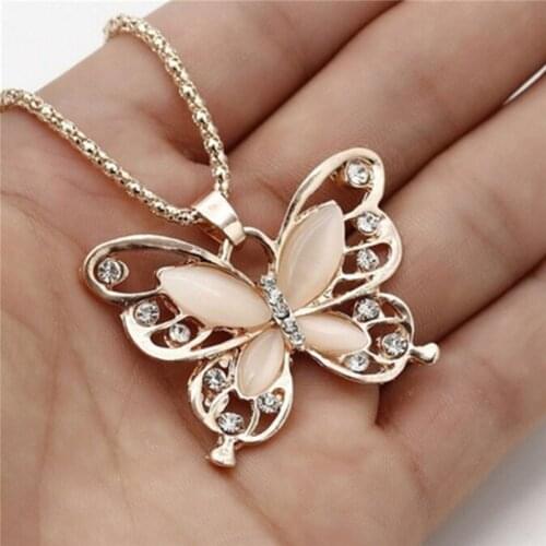 Fashion Rose Gold Opal Butterfly Pendant Necklace Sweater Chain Necklace For Women