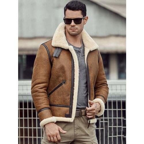 Mens B3 Shearling Jacket Natural Sheepskin Coat Motorcycle Fur Coat Brown Leather Jacket Short Mens Winter Coats