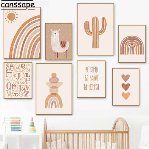 Boho Wall Art Canvas Painting Alpaca Poster Deer Print Alphabet Posters Rainbow Prints Nordic Wall Paintings Kids Bedroom Decor