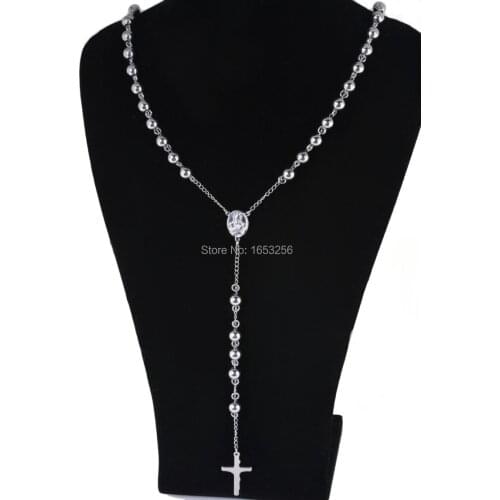 New 6mm Round Ball 26''+5'' High Polished Rosary Chain Pure Stainless Steel Crucifix Cross Necklace For Fashion Gifts Jewelry
