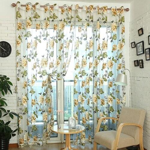 Window Voile Curtain Peony Printed Transparent Tulle Drape Panel Hangers Glass Door Bedroom Elegant Window Floral Lace Flow N8M5