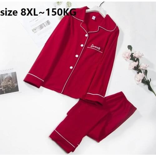 Large SIZE 8XL Autumn Winter women Pajamas Sets Long Sleeve sleepwear homewear Pijamas oversize Suit Homewear nightgown black 64