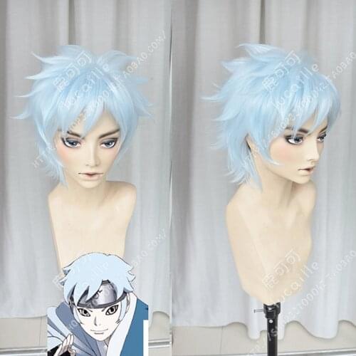 BORUTO NARUTO NEXT GENERATIONS Uzumaki Boruto Mitsuki Cosplay Wig Short Fluffy Layered Blue Silver Mixed Synthetic Hair