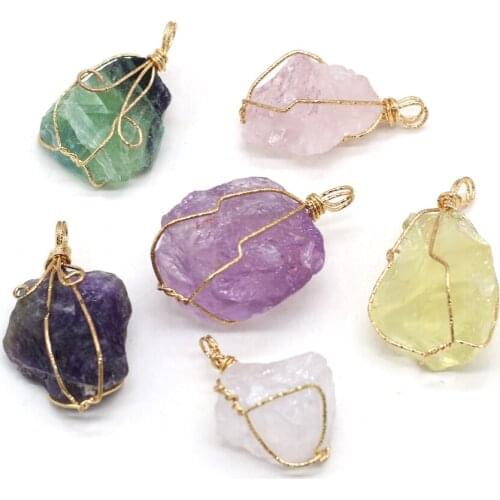 Natural Crystal Original Stone Wire Wrap Pendant Irregular Amethysts Rose Quartzs Raw Ore Charms for Jewelry Making DIY Necklace