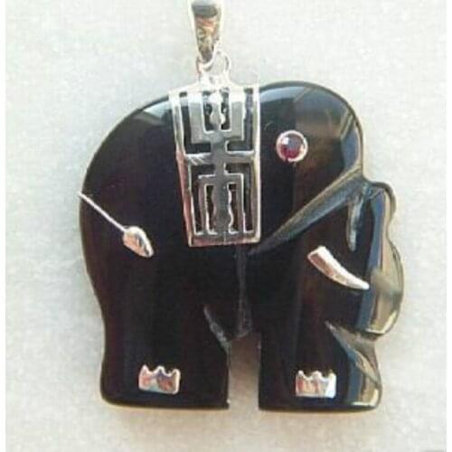 Silver Plated Black agates elephant women' s Bridal wedding Jewelry pendant Necklace