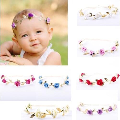 New Baby Girl Rose Headwear Flowers Crown Elastic Gold Leaves Hair Band Princess Cute Headband Baby Girl Photo Prop Accessories