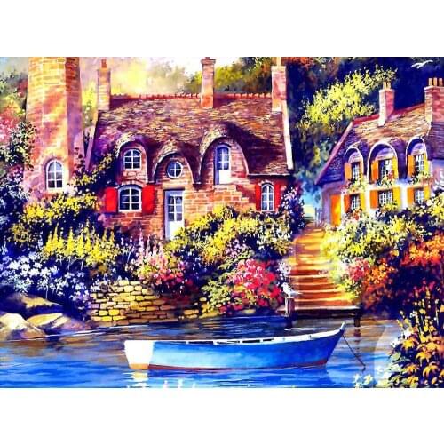 River forest house scenery For Embroidery Needlework 14CT Counted Unprinted DIY Cross Stitch Kits Handmade Art Wall Decor