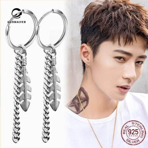 925 Silver Tide mens circle chain earrings Ear studs Hip Hop european and american street personality Net red same 494