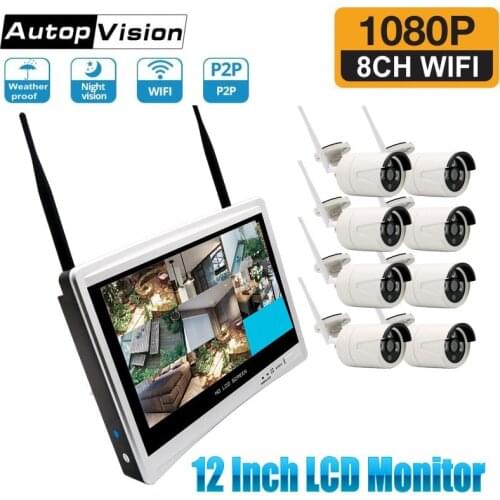 12 Inch LCD Monitor Wireless CCTV Security System Video Surveillance Kit 8CH WiFi NVR Kit P2P 1080P Wireless CCTV IP Camera Kits