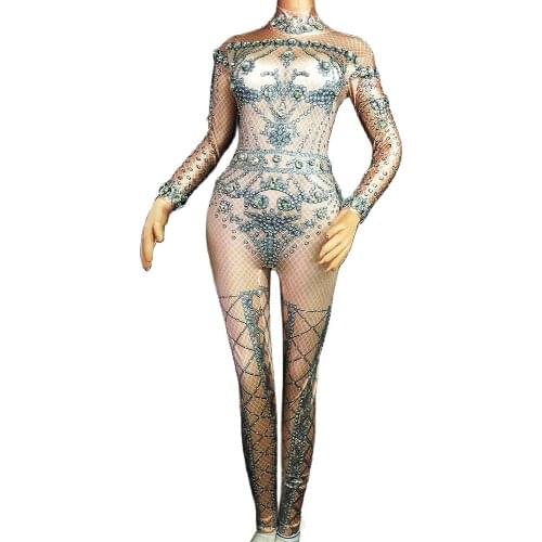 Shining Diamonds Women Long Sleeve Jumpsuits Birthday Celebrate Party Luxury Costumes Nightclub Singer Dance Stage Wear