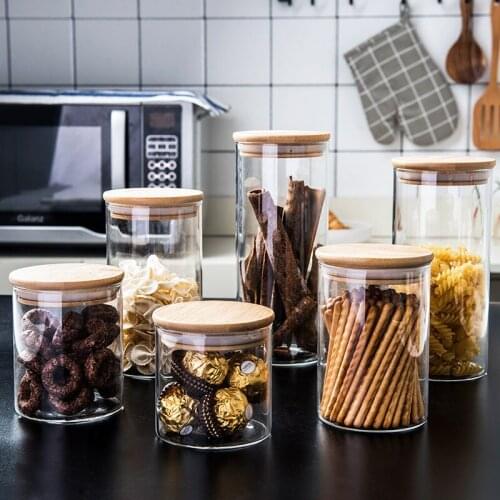 Glass Box Sealed Tank Storage Box Candy Jar Bamboo Lid Kitchen Food Container Round Shape Dry Food Can Tableware Display Pot1pcs