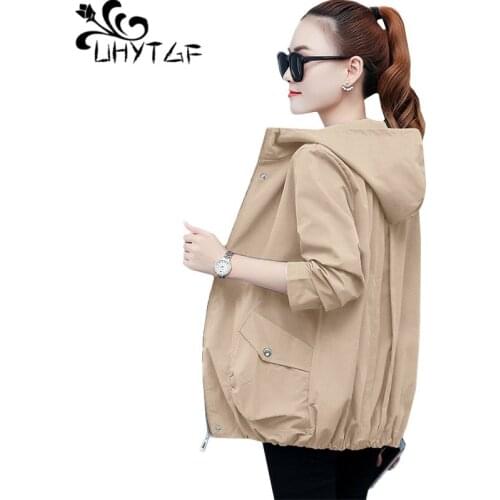 UHYTGF loose plus size trench coat womens fashion hooded casual autumn coats female Korean baseball uniform short outerwear 1750