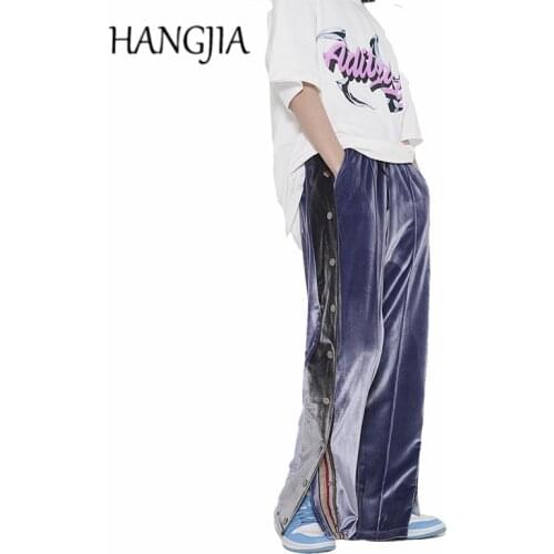 Retro Streetwear Velvet Rainbow Stripes Track Pants Hip Hop Vintage Stitching Velour Sweatpant Side-breasted Pants Men Women
