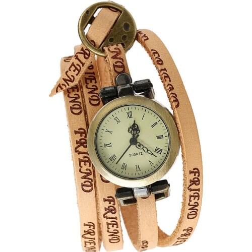 Gnova Platinum Leather Strap Women Watch Lucky Friend Carved Student Wrap Bracelet quartz wristwatch Retro Vintage A532