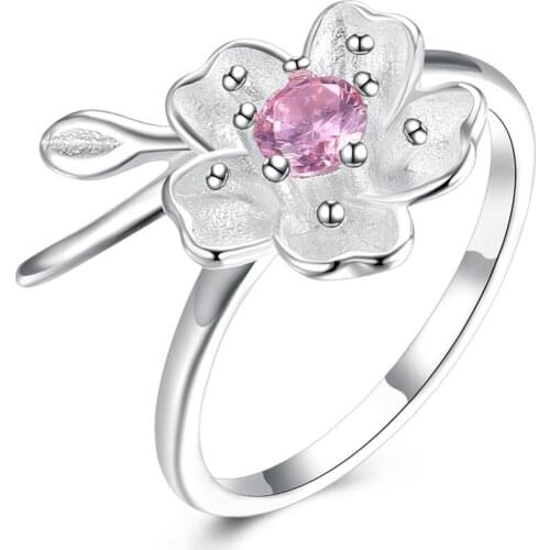 Romantic Pink Cubic Zircon Flower Silver Rings Women 925 Sterling Silver Wedding Rings for Lady Party Fine Jewelry Festival Gift