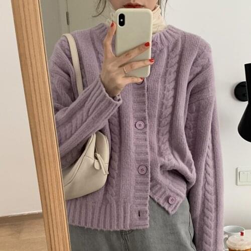 Furry soft waxy twist sweater solid color cardigan women 2021 new spring loose round neck warm knitted jacket
