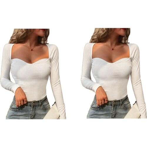 2 Pcs WomenS Sexy Slim Square Collar Long Sleeve Chest Top T-Shirt Female White S & M