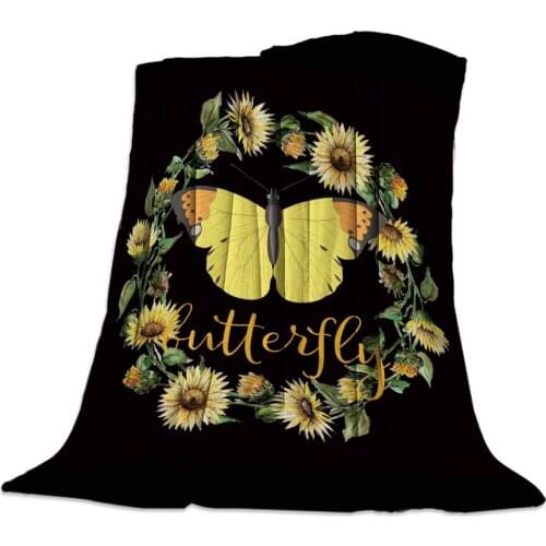 Butterfly Sunflower Wreath Black Throw Blanket Warm Microfiber Blanket Bedroom Sofa Supplies Blankets for Beds